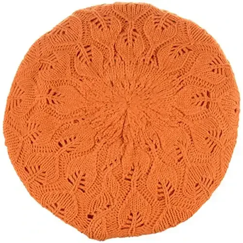 BYOS Women Mid-Weight Slouchy Leafy Cutout Crochet Soft Knit French Beret Hat - 2