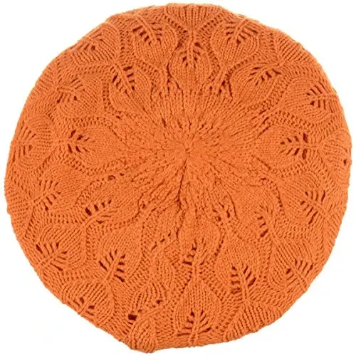 BYOS Women Mid-Weight Slouchy Leafy Cutout Crochet Soft Knit French Beret Hat - 2