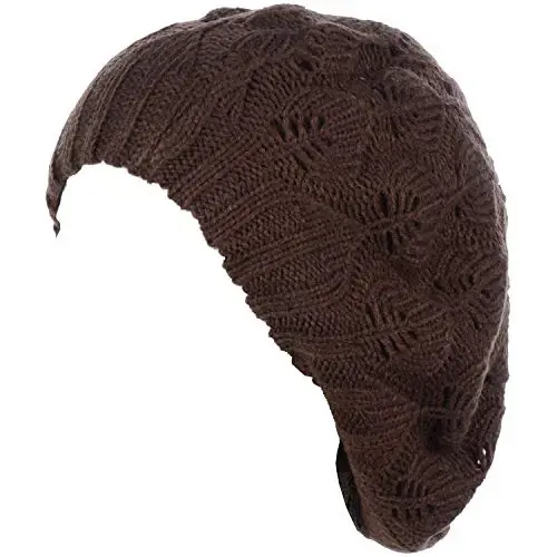 BYOS Women Mid-Weight Slouchy Leafy Cutout Crochet Soft Knit French Beret Hat - 1