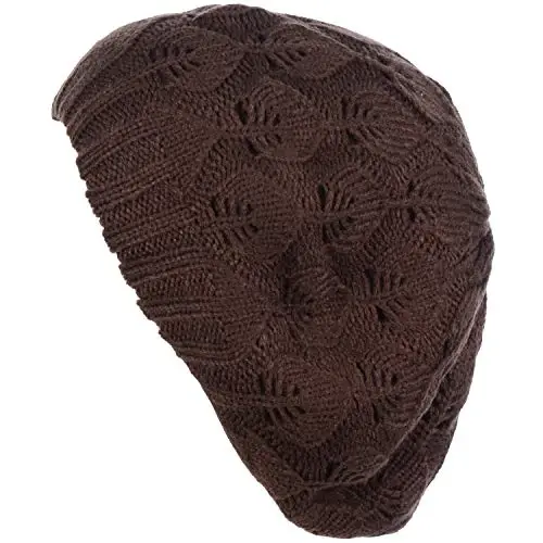 BYOS Women Mid-Weight Slouchy Leafy Cutout Crochet Soft Knit French Beret Hat - 4