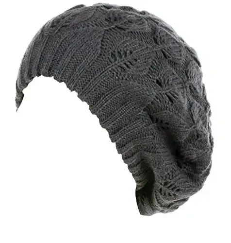 BYOS Women Mid-Weight Slouchy Leafy Cutout Crochet Soft Knit French Beret Hat - 1