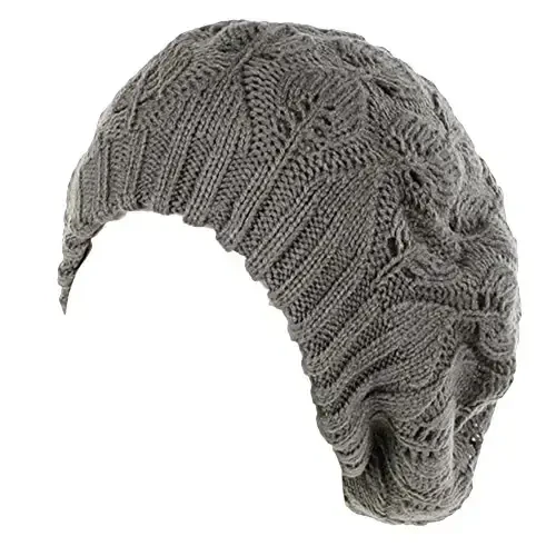 BYOS Women Mid-Weight Slouchy Leafy Cutout Crochet Soft Knit French Beret Hat 