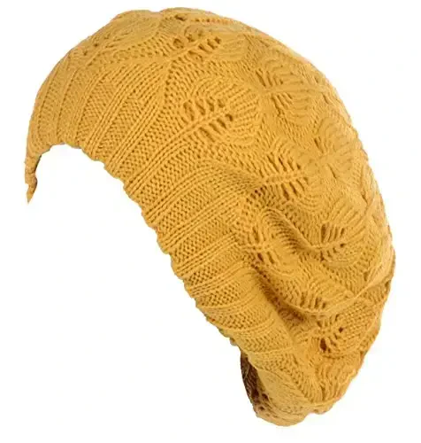 BYOS Women Mid-Weight Slouchy Leafy Cutout Crochet Soft Knit French Beret Hat - 1