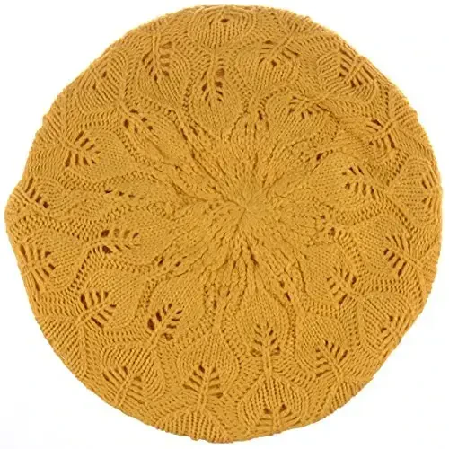 BYOS Women Mid-Weight Slouchy Leafy Cutout Crochet Soft Knit French Beret Hat - BYOS (1)
