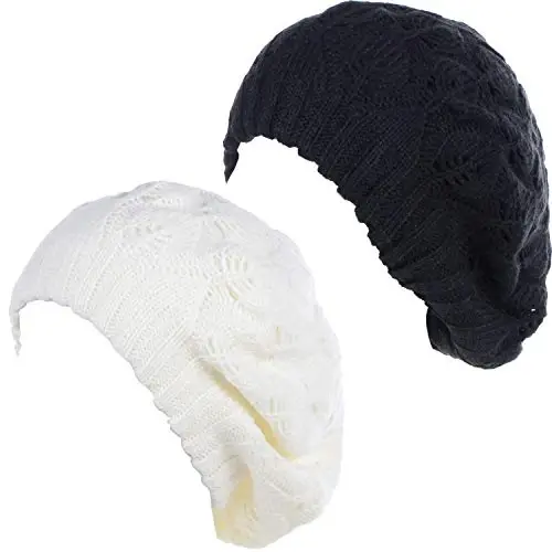 BYOS Women Mid-Weight Slouchy Leafy Cutout Crochet Soft Knit French Beret Hat - 1
