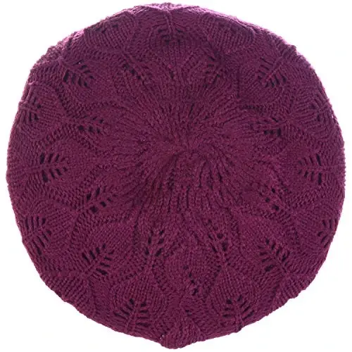 BYOS Women Mid-Weight Slouchy Leafy Cutout Crochet Soft Knit French Beret Hat - 3