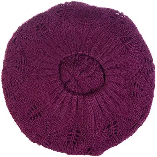BYOS Women Mid-Weight Slouchy Leafy Cutout Crochet Soft Knit French Beret Hat - 4