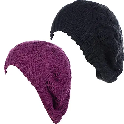 BYOS Women Mid-Weight Slouchy Leafy Cutout Crochet Soft Knit French Beret Hat - 1