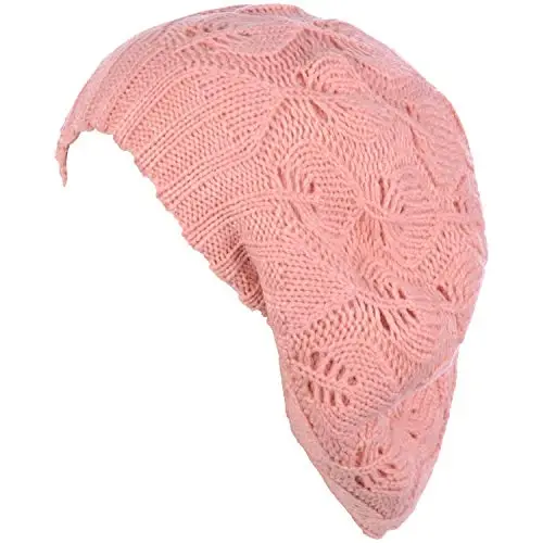 BYOS Women Mid-Weight Slouchy Leafy Cutout Crochet Soft Knit French Beret Hat - 5