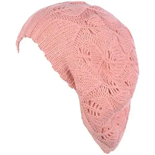 BYOS Women Mid-Weight Slouchy Leafy Cutout Crochet Soft Knit French Beret Hat - 2