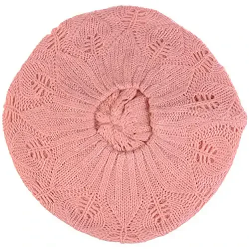 BYOS Women Mid-Weight Slouchy Leafy Cutout Crochet Soft Knit French Beret Hat - 4