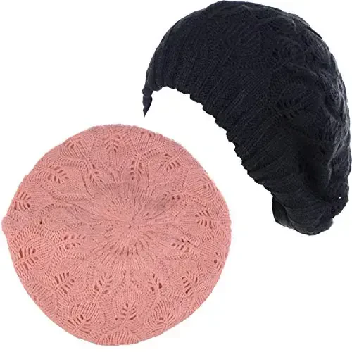 BYOS Women Mid-Weight Slouchy Leafy Cutout Crochet Soft Knit French Beret Hat - 7