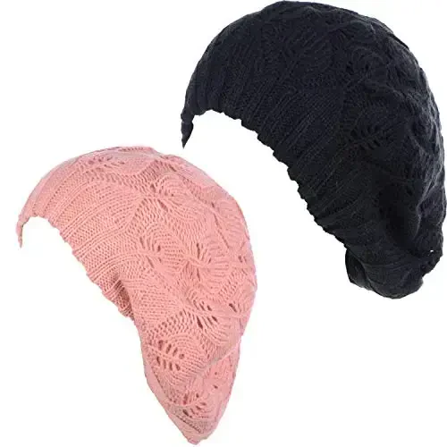 BYOS Women Mid-Weight Slouchy Leafy Cutout Crochet Soft Knit French Beret Hat - BYOS