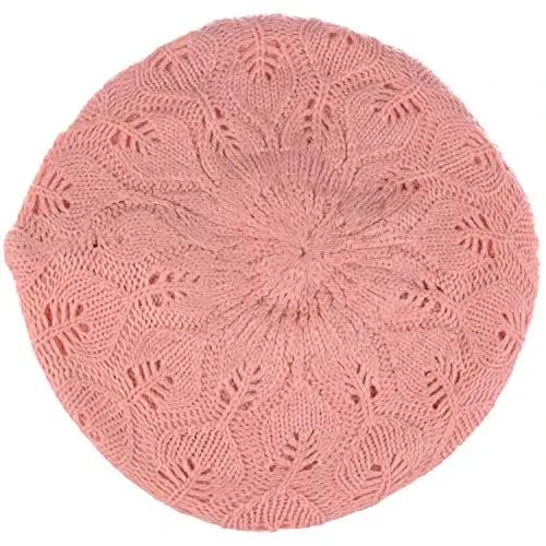BYOS Women Mid-Weight Slouchy Leafy Cutout Crochet Soft Knit French Beret Hat - 3