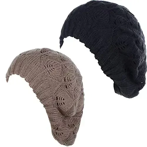 BYOS Women Mid-Weight Slouchy Leafy Cutout Crochet Soft Knit French Beret Hat 