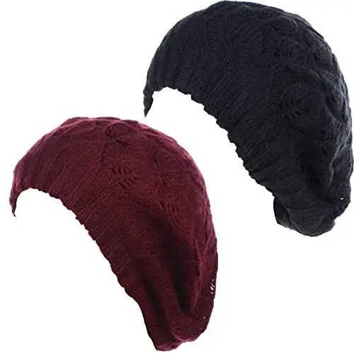 BYOS Women Mid-Weight Slouchy Leafy Cutout Crochet Soft Knit French Beret Hat - 1