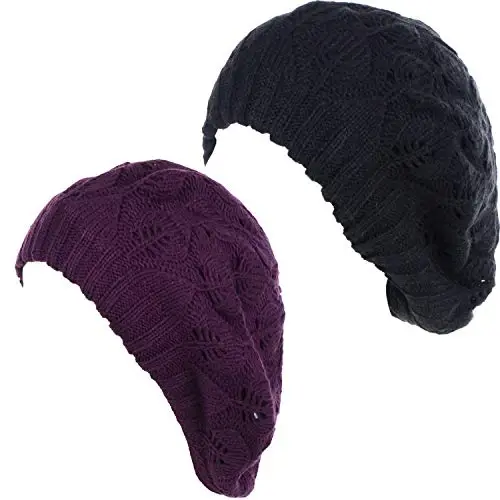 BYOS Women Mid-Weight Slouchy Leafy Cutout Crochet Soft Knit French Beret Hat - 1