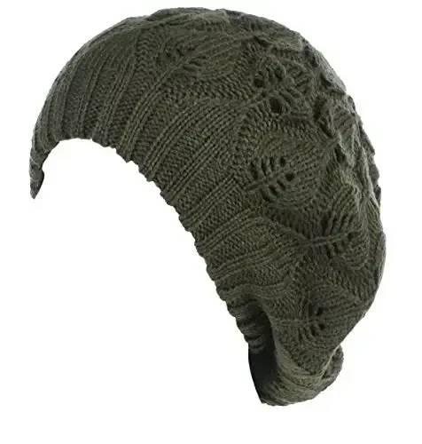 BYOS Women Mid-Weight Slouchy Leafy Cutout Crochet Soft Knit French Beret Hat - BYOS