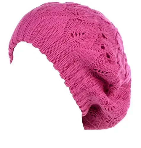 BYOS Women Mid-Weight Slouchy Leafy Cutout Crochet Soft Knit French Beret Hat - BYOS