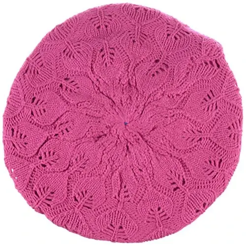 BYOS Women Mid-Weight Slouchy Leafy Cutout Crochet Soft Knit French Beret Hat - 2