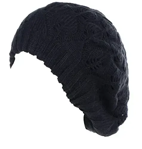 BYOS Winter Chic Warm Double Layer Leafy Cutout Crochet Knit Slouchy Beret Beanie Hat (Black Leafy) - BYOS