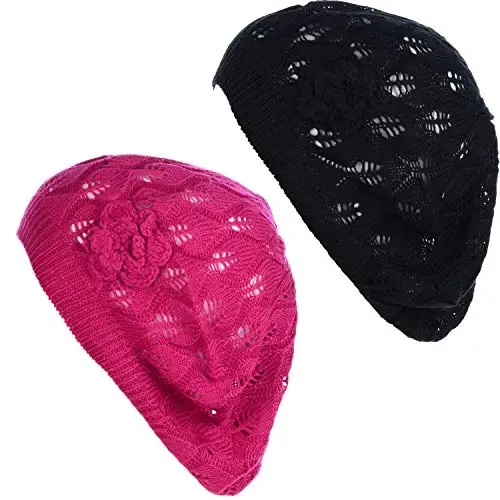 BYOS Chic Parisian Style Soft Lightweight Crochet Cutout Knit Beret Beanie Hat 