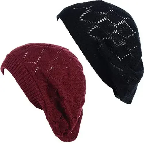 BYOS Chic Parisian Style Soft Lightweight Crochet Cutout Knit Beret Beanie Hat - 1