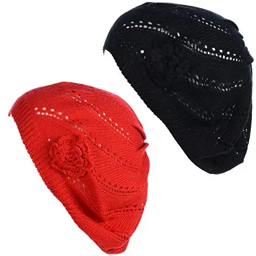 BYOS Chic Parisian Style Soft Lightweight Crochet Cutout Knit Beret Beanie Hat - BYOS