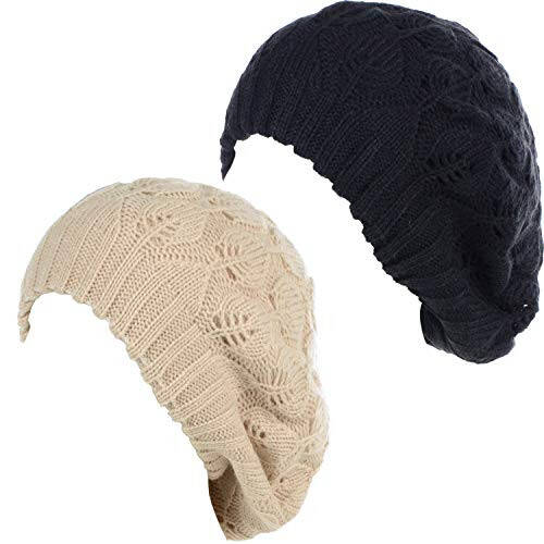 BYOS Women Mid-Weight Slouchy Leafy Cutout Crochet Soft Knit French Beret Hat - 3