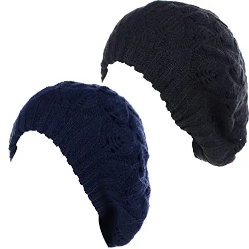 BYOS Women Mid-Weight Slouchy Leafy Cutout Crochet Soft Knit French Beret Hat - BYOS