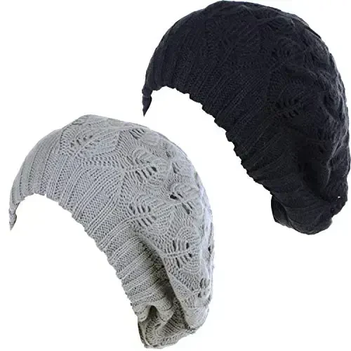 BYOS Women Mid-Weight Slouchy Leafy Cutout Crochet Soft Knit French Beret Hat - BYOS