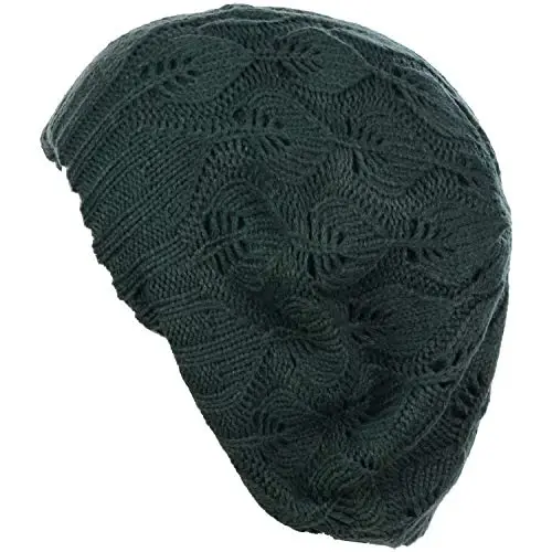 BYOS Women Mid-Weight Slouchy Leafy Cutout Crochet Soft Knit French Beret Hat - 2