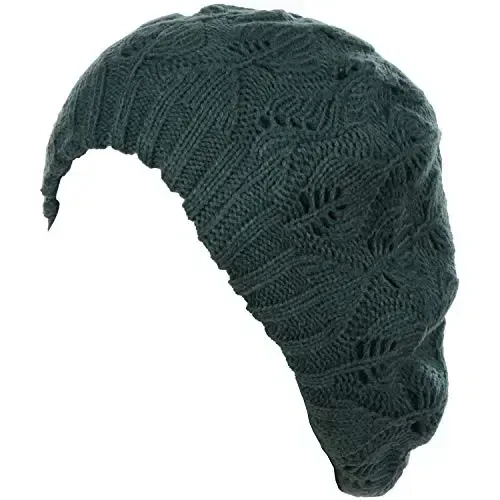BYOS Women Mid-Weight Slouchy Leafy Cutout Crochet Soft Knit French Beret Hat - 1