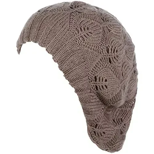 BYOS Women Mid-Weight Slouchy Leafy Cutout Crochet Soft Knit French Beret Hat 