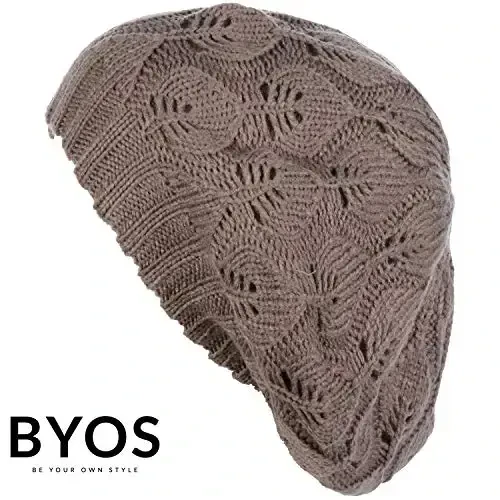 BYOS Women Mid-Weight Slouchy Leafy Cutout Crochet Soft Knit French Beret Hat - 4