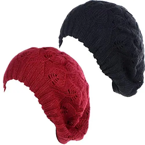 BYOS Women Mid-Weight Slouchy Leafy Cutout Crochet Soft Knit French Beret Hat - 1