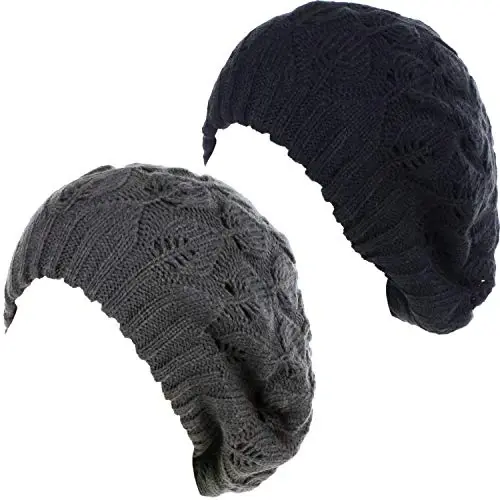 BYOS Women Mid-Weight Slouchy Leafy Cutout Crochet Soft Knit French Beret Hat - 1