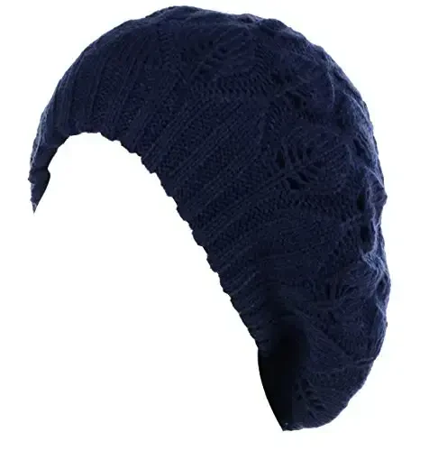 BYOS Women Mid-Weight Slouchy Leafy Cutout Crochet Soft Knit French Beret Hat - 1