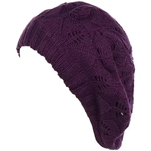 BYOS Women Mid-Weight Slouchy Leafy Cutout Crochet Soft Knit French Beret Hat 