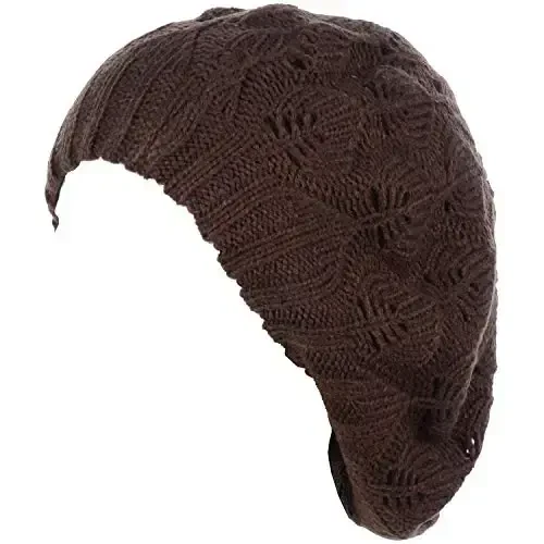 BYOS Women Mid-Weight Slouchy Leafy Cutout Crochet Soft Knit French Beret Hat 