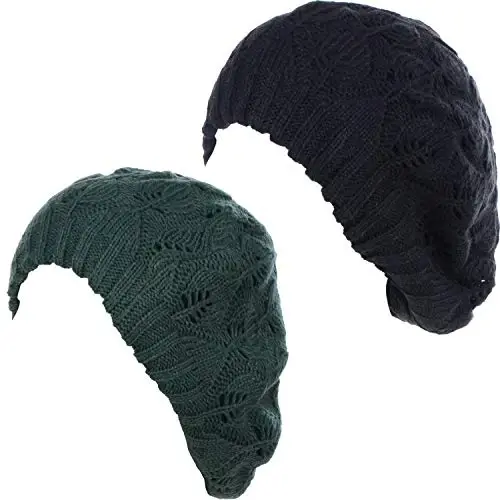 BYOS Women Mid-Weight Slouchy Leafy Cutout Crochet Soft Knit French Beret Hat - 1