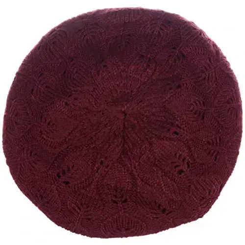 BYOS Women Mid-Weight Slouchy Leafy Cutout Crochet Soft Knit French Beret Hat - 2