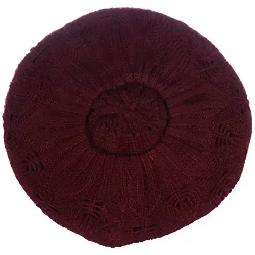 BYOS Women Mid-Weight Slouchy Leafy Cutout Crochet Soft Knit French Beret Hat - 3