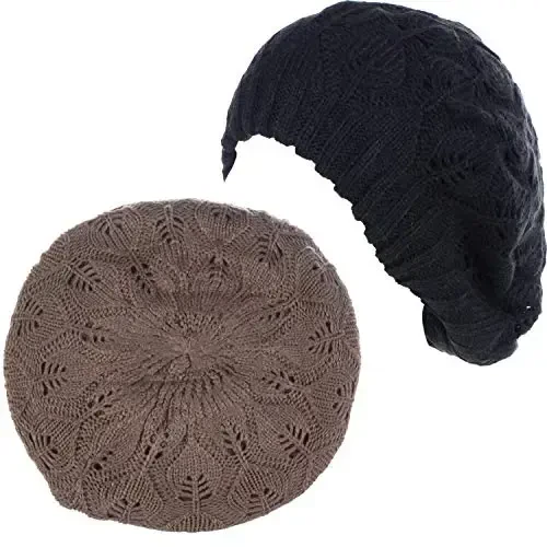BYOS Women Mid-Weight Slouchy Leafy Cutout Crochet Soft Knit French Beret Hat - 7