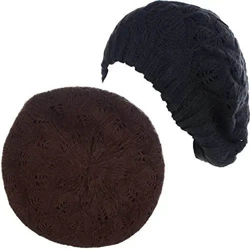 BYOS Women Mid-Weight Slouchy Leafy Cutout Crochet Soft Knit French Beret Hat - 7