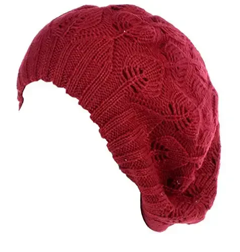 BYOS Women Mid-Weight Slouchy Leafy Cutout Crochet Soft Knit French Beret Hat 
