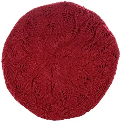 BYOS Women Mid-Weight Slouchy Leafy Cutout Crochet Soft Knit French Beret Hat - 2
