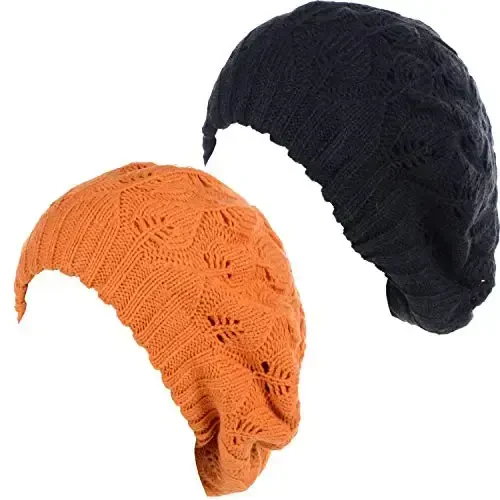 BYOS Women Mid-Weight Slouchy Leafy Cutout Crochet Soft Knit French Beret Hat - 1