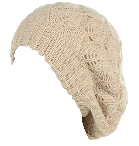 BYOS Women Mid-Weight Slouchy Leafy Cutout Crochet Soft Knit French Beret Hat - BYOS