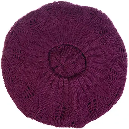 BYOS Women Mid-Weight Slouchy Leafy Cutout Crochet Soft Knit French Beret Hat - 7